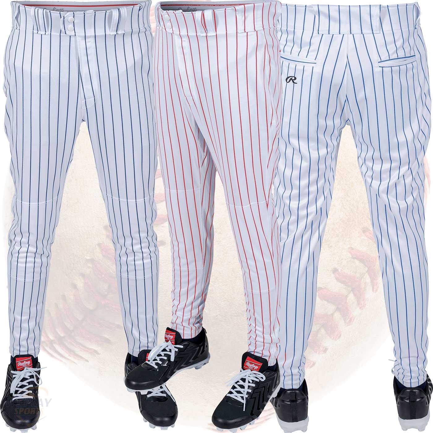 Rawlings 150 Jogger Fit Tapered Open Bottom Pinstripe Baseball Pants - Front and Back